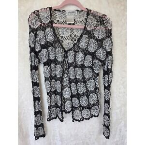 Valenti Rome New York Paris Black White Floral Crochet Open Knit Cardigan M